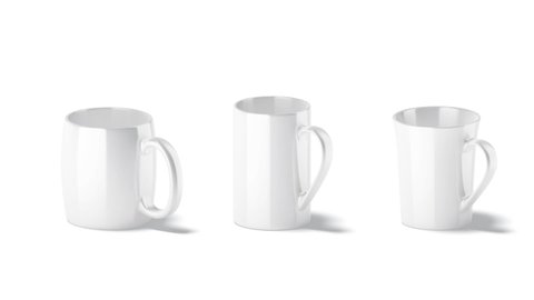 Blank white ceramic mug mockup set, looped rotation, 3d rendering. Empty turning barrel, flared, cylindrical cup mock up, isolated on white background. Clear porcelain jar breakfast coffee template.