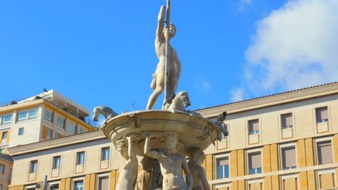 Fountain of Neptune (Fontana del Nettuno) In Municipio Square, Naples, Italy - may 2022.