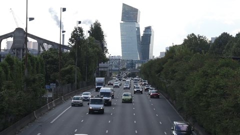 Paris, France - 08.05.2022 : Traffic on the A4 Autoroute with Duo Towers on the background