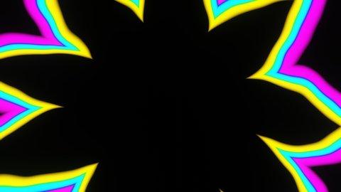 Pulsating bursts of bright neon abstract flower on a black background.