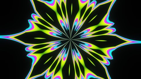 A bright multi-colored pulsating abstract flower on a black background.