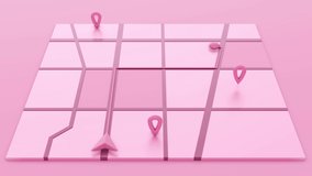 Minimal style pink GPS map navigator. Tracking concept. Moving arrow and markers on a map. 4k video 3D rendering