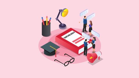 Group animation of college students studying sociology lesson while standing with graduation hat. Cartoon in 4k resolution