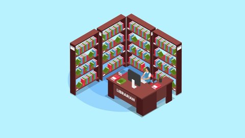 Female librarian animation working with computer while sitting in the library near bookshelf. Cartoon in 4k resolution