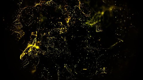 Gold Particles Moving Background. fast energy flying wave line with flash lights. Particle from below. Particle gold dust flickering on black background. Abstract Footage background for text. 