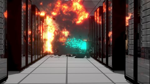 Large server corridor with one server exploding in huge fireball with Hack and Your data text.
