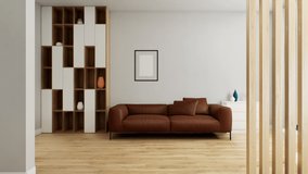 Brown leather sofa in the interior. Cozy apartment with a sofa. 3d animation. - Powered by Shutterstock - Get 15% off with code: PIKWIZARD15