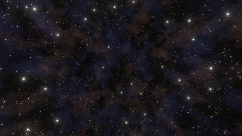 Space night sky with twinkling stars, galaxy exploration through outer space towards glowing milky way galaxy. Animation of looking through glowing nebula, clouds and stars field. Space view. 4k