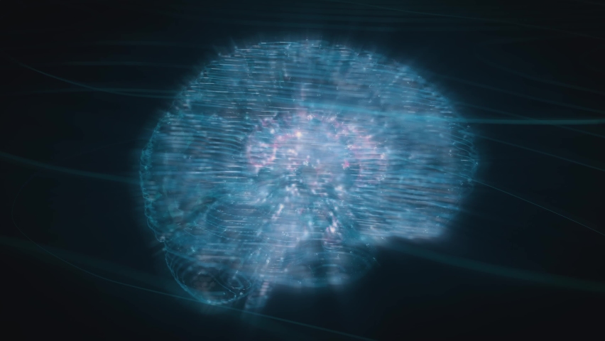 Wifeframe of 3D Animation of Digital Hologram of Human Brain with Luminous Lightened Pulses, Rotating on Blue Background with Splashes Lines. Cortex. Artificial Intelligence. Neuronal Activity | Shutterstock HD Video #1090289967