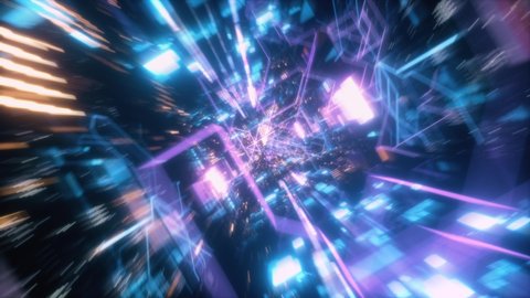 Motion Graphic of Moving into Digital Technological Colorful Tunnel with Futuristic Matrix and Much Particles in Abtract Cyberspace. Binary Code. High Speed Connection. Animation 4K