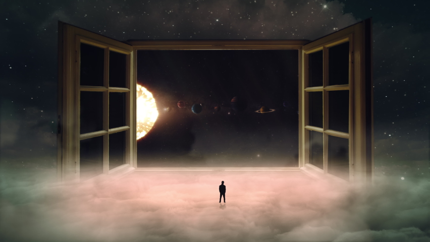 Space Window Open Above Clouds Man Standing Alone. Man standing above clouds looking through a open window to deep space with planets | Shutterstock HD Video #1090290627