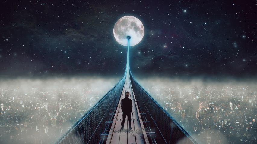 Moon Bridge Man Above clouds Over City skyline. Man standing on a bridge to the moon above clouds in a starry space over city buildings | Shutterstock HD Video #1090290629