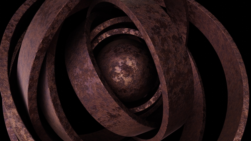 Abstract satisfying looping 3D animation of the aged corroded rusty metal rings rotating around the weathered steel sphere rendered in UHD with alpha matte