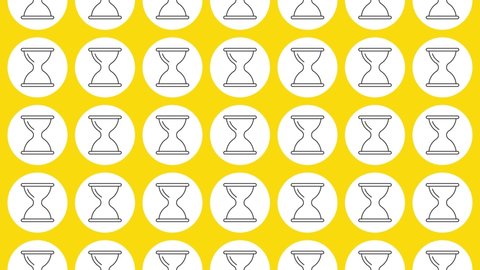Hourglass icon in white circle with black dynamic line pattern on a yellow background. Seamless loop dynamic pattern with regular symbols rotating around