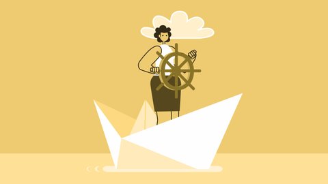 Yellow Style Woman Flat Character Sailing on Paper Ship Boat. Isolated Loop Animation with Alpha Channel