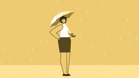 Yellow Style Woman Flat Character with Umbrella in the Rain. Isolated Loop Animation with Alpha Channel