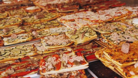 Spanish pizza close-up, tapas. Medieval festival. 