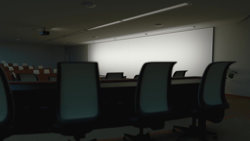 View of auditorium, classroom, lecture hall. Slider equipment. 4K professional 3d Animation.