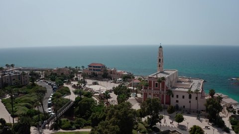 View of old Jaffa from the air and the sea on the horizon