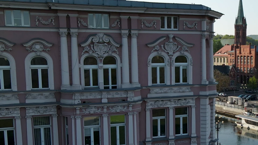  Medieval And Intricate Structural Design Of Buildings In Bydgoszcz City And The Beautiful Waterfront Of Brda River, Poland. Aerial