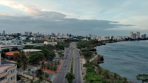 Malecon coastal road, Santo Domingo in Domincan Republic. Aerial forward
