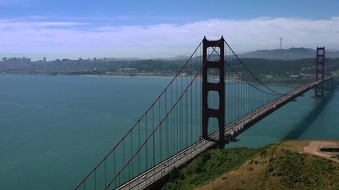 wide aerial view of the world famous San Fransisco Golden Gate Bridge in California USA on a sunny summer day during light traffic