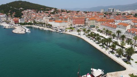 Split waterfront and Marjan hill aerial view, Dalmatia, Croatia.