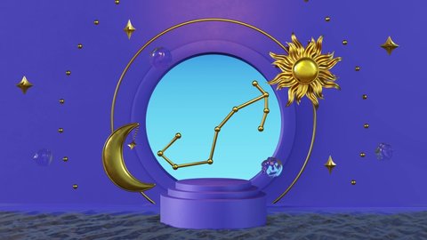 3D abstract animation of Scorpio constellation with golden ornaments and floating water drops