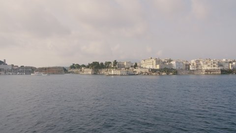 Static shot of Corfu old city view from ferryboat