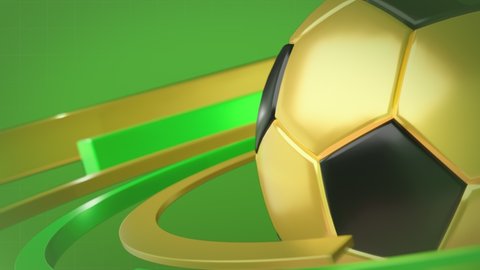 Golden soccer ball rotates on a green background. Screensaver for sports news.