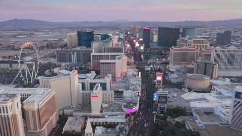 Cityscape skyline. Aerial view of sunset skyline Las Vegas city, America. Sunset scene. City landscape. Business city. Colored dusk skyline sunset. Business travel Las Vegas skyline, USA Apr 2022