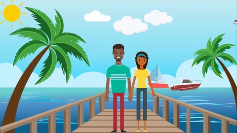 Happy Couple Enjoying Boardwalk - Tropical Setting, Trip, Vacation, Honeymoon, Romantic Getaway, Leisure, Palm Trees, Beach, Dock, Island, Sunny Day, Sailboat - 2D Animation