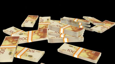 Many wads of money falling on transparent background. 100 Israeli Shekel banknotes. Stacks of money. Financial and business concept. Alpha channel.