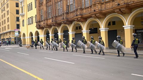 Lima, Peru - October 01, 2021: Police battalion in Lima's main square. Main square of Lima.
