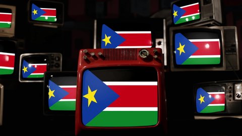 Flag of South Sudan and Vintage Televisions. 4K Resolution.