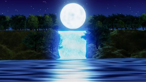 Waterfall cliff. Full moon night. Blue tone. Forest nature. Mountains and waterfalls. Glowing at night. Fantasy style. 3D Rendering.