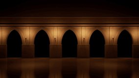 Fire torches casting shadows on a great hall arcade. 3D render. Includes ALPHA MATTE. 4K animated background for TV show,  movie, catwalk stage design or Medieval architecture, Arabian Nights projects - Powered by Shutterstock - Get 15% off with code: PIKWIZARD15