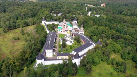 Zvenigorod, Moscow Oblast, Russia - August, 2021: Attractions of the region. Aerial footage of Savvino-Storozhevsky Monastery on sunny day. 