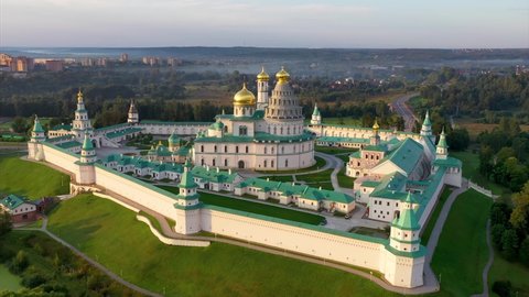 Istra, Moscow Oblast, Russia - August, 2021: Attractions of the region. Drone footage of New Jerusalem Monastery on sunny morning.
