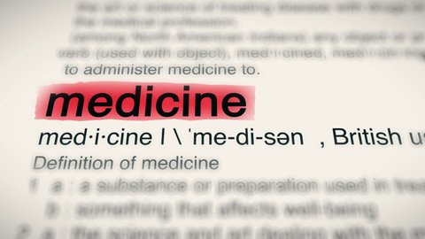 Sukabumi, Indonesia, May 14 2022: The Word Medicine Red Highlighted in a Dictionary Animation