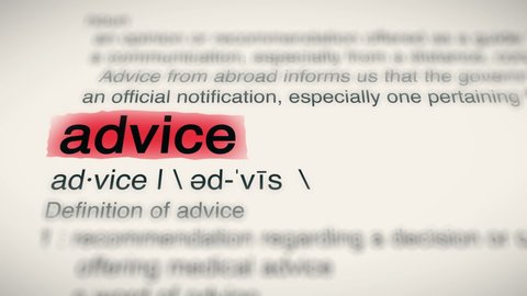 Sukabumi, Indonesia, May 14 2022: The Word Advice Red Highlighted in a Dictionary Animation