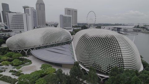 D-Log : Aerial drone view of Esplanade Theatre, Singapore - Circa Oct 2021
