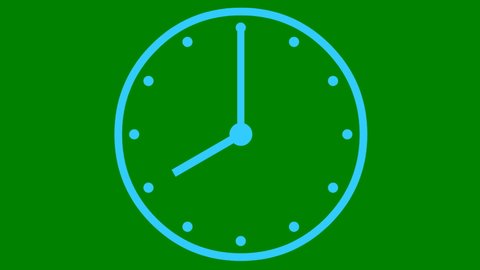 Animated clock. blue watch. Concept of time, deadline. Looped video. Vector illustration isolated on green background.