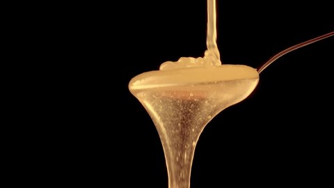 Honey dripping, pouring from spoon on a black isolated background. Thick viscous honey molasses flowing. Close up of golden honey liquid, sweet product of beekeeping. Sugar syrup is pouring.
