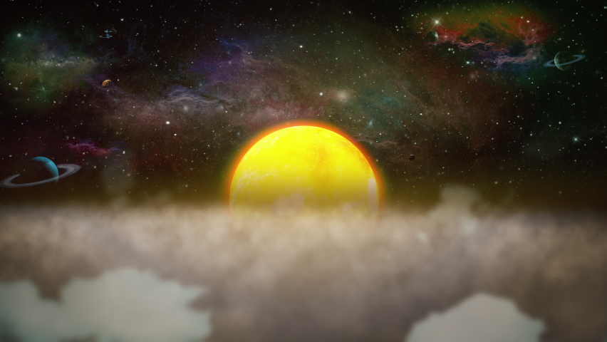 Sunshine Above clouds Starry Space Planets Motion Background. Sun shinning above clouds in starry space with planets. Motion background | Shutterstock HD Video #1090318091
