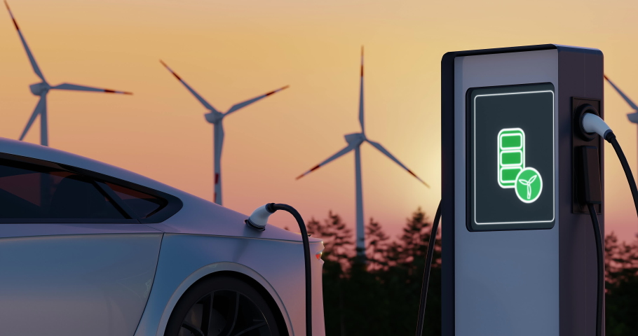 Environmentally friendly electric car charging on background of wind turbines. Evening sunset view of EV station with port plugged in car. Realistic 3d Rendering of Alternative Energy concept. Royalty-Free Stock Footage #1090318991