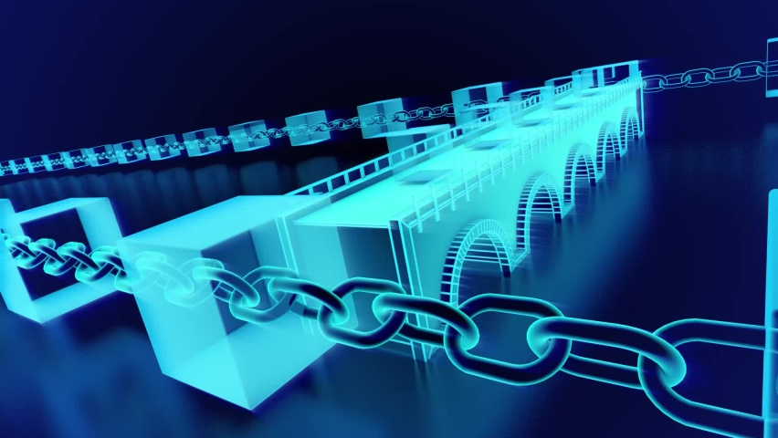 4K Block chain bridge concept zoom out loopable. Chain consists of network connections made out of binary data. interconnected blocks of data depicting a cryptocurrency blockchain. Royalty-Free Stock Footage #1090320643