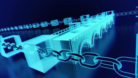4K Block chain bridge concept zoom out loopable. Chain consists of network connections made out of binary data. interconnected blocks of data depicting a cryptocurrency blockchain.