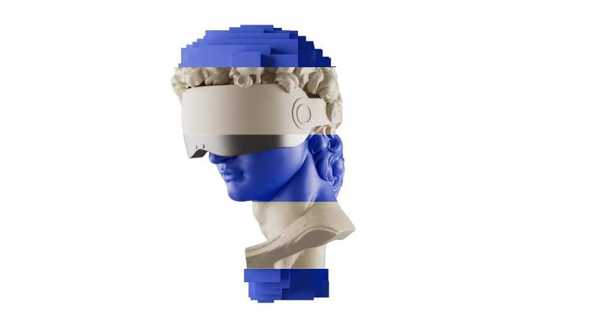 3D Colorful Pixelated Rotating David Head In VR Glasses Animation on a white background. Abstract Futuristic  Sculpture In Modern Art Style. NFT Cryptoart Concept. 4K Royalty-Free Stock Footage #1090323855