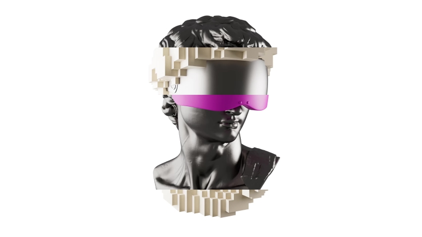3D Colorful Pixelated Rotating David Head In VR Glasses Animation on a white background. Abstract Futuristic  Sculpture In Modern Art Style. NFT Cryptoart Concept. 4K Royalty-Free Stock Footage #1090323855